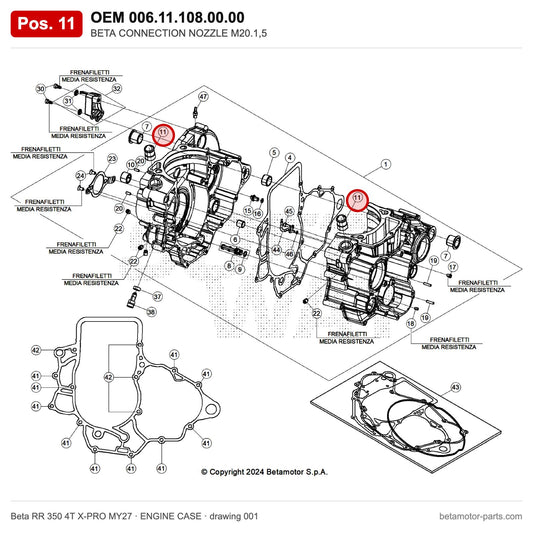 BETA CONNECTION NOZZLE M20.1,5 – OEM 006.11.108.00.00, position 11 on the Beta RR 350 4T X-PRO MY27 engine case drawing