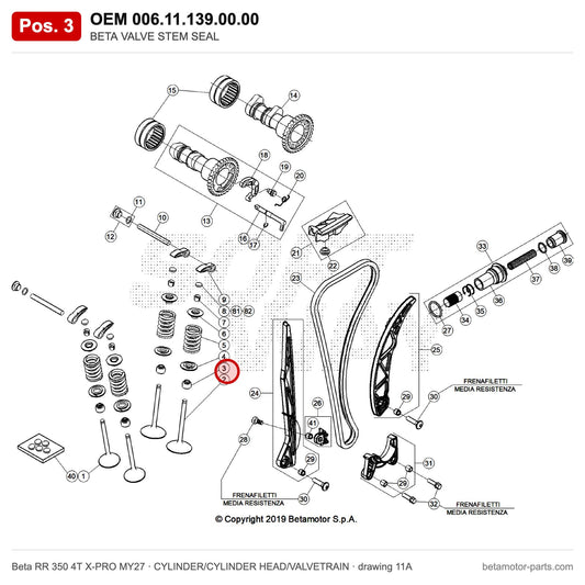 BETA VALVE STEM SEAL – OEM 006.11.139.00.00, position 3 on the Beta RR 350 4T X-PRO MY27 cylinder/cylinder head/valvetrain drawing