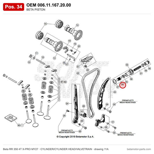 BETA PISTON – OEM 006.11.167.20.00, position 34 on the Beta RR 350 4T X-PRO MY27 cylinder/cylinder head/valvetrain drawing