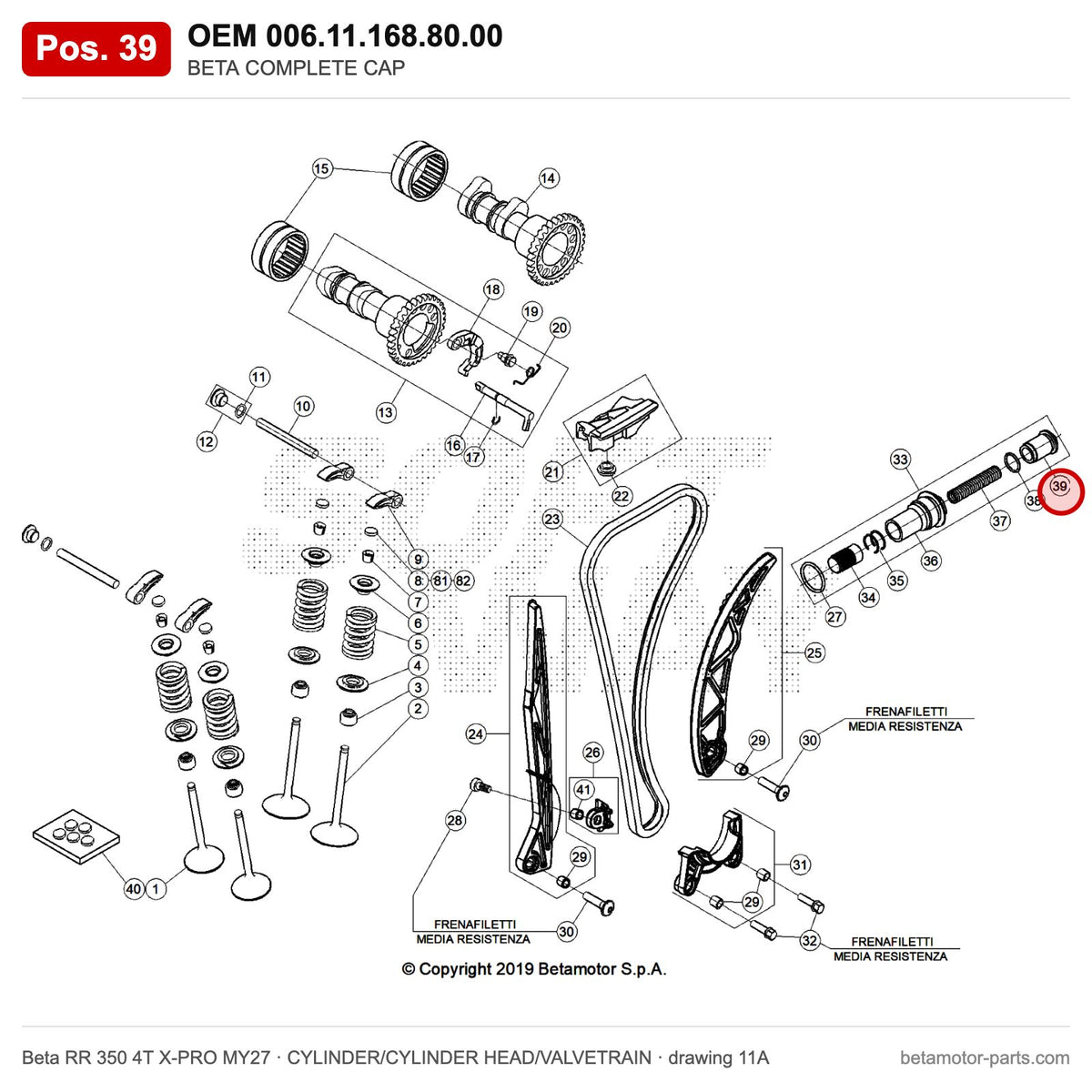 BETA COMPLETE CAP – OEM 006.11.168.80.00, position 39 on the Beta RR 350 4T X-PRO MY27 cylinder/cylinder head/valvetrain drawing