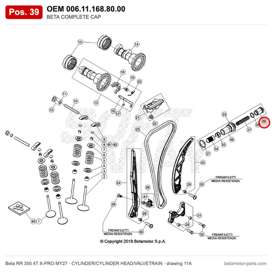 BETA COMPLETE CAP – OEM 006.11.168.80.00, position 39 on the Beta RR 350 4T X-PRO MY27 cylinder/cylinder head/valvetrain drawing