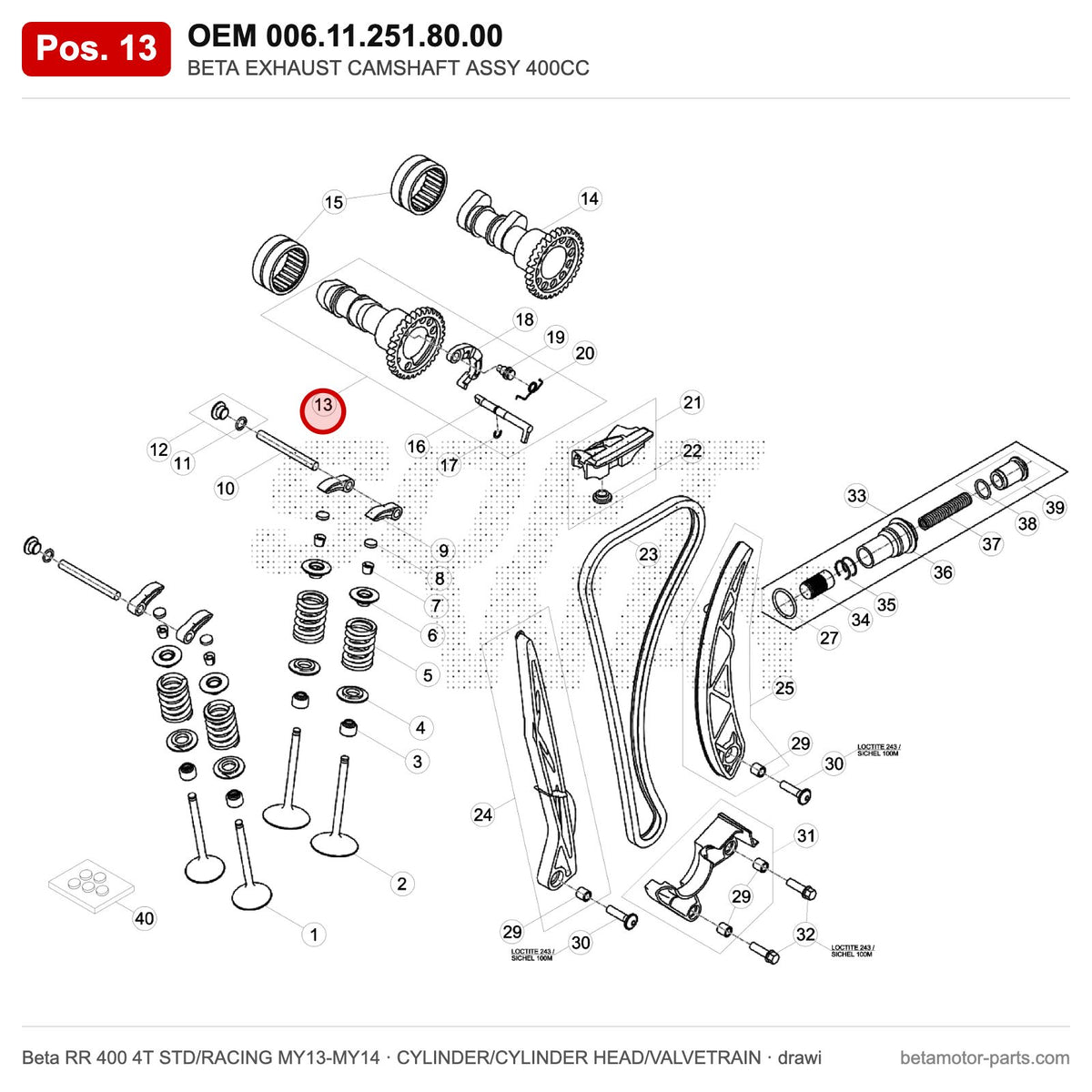 BETA EXHAUST CAMSHAFT ASSY 400CC – OEM 006.11.251.80.00, position 13 on the Beta RR 400 4T STD/RACING MY13-MY14 cylinder/cylinder head/valvetrain drawing