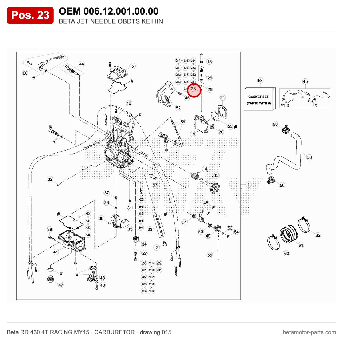 BETA JET NEEDLE OBDTS KEIHIN – OEM 006.12.001.00.00, position 23 on the Beta RR 430 4T RACING MY15 carburetor drawing