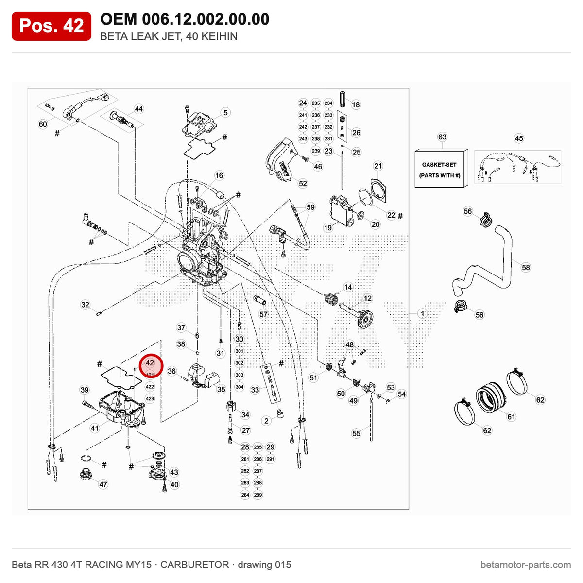 BETA LEAK JET, 40 KEIHIN – OEM 006.12.002.00.00, position 42 on the Beta RR 430 4T RACING MY15 carburetor drawing
