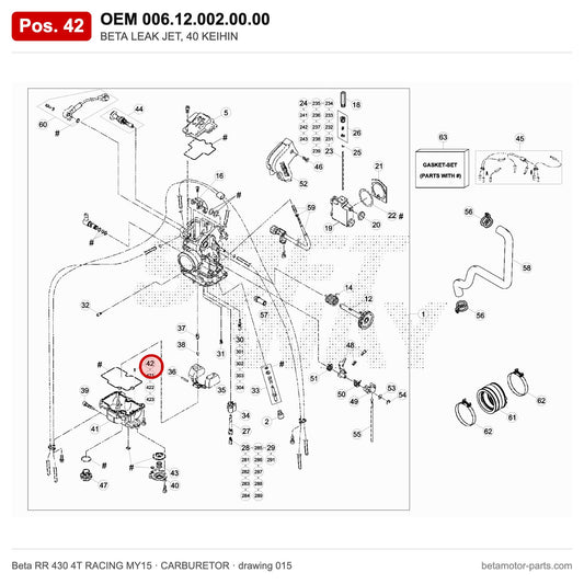 BETA LEAK JET, 40 KEIHIN – OEM 006.12.002.00.00, position 42 on the Beta RR 430 4T RACING MY15 carburetor drawing