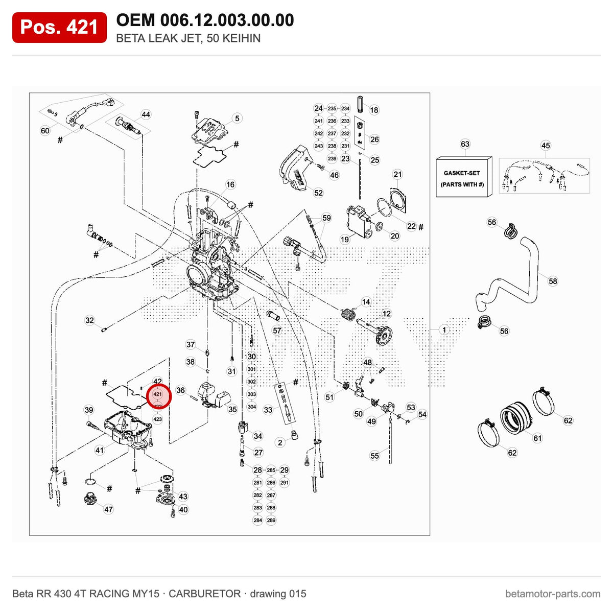 BETA LEAK JET, 50 KEIHIN – OEM 006.12.003.00.00, position 421 on the Beta RR 430 4T RACING MY15 carburetor drawing