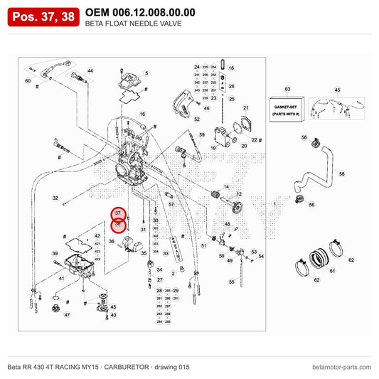 BETA FLOAT NEEDLE VALVE – OEM 006.12.008.00.00, positions 37,38 on the Beta RR 430 4T RACING MY15 carburetor drawing