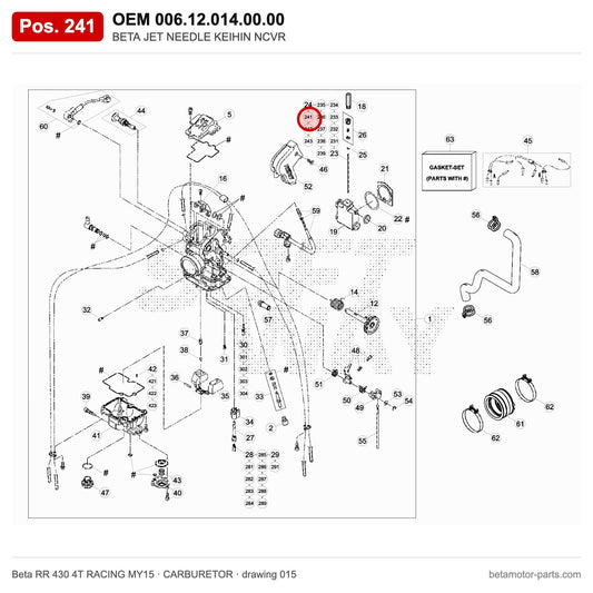 BETA JET NEEDLE KEIHIN NCVR – OEM 006.12.014.00.00, position 241 on the Beta RR 430 4T RACING MY15 carburetor drawing