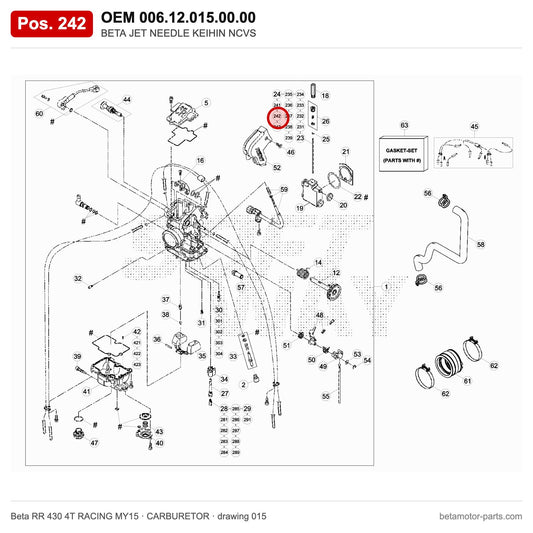 BETA JET NEEDLE KEIHIN NCVS – OEM 006.12.015.00.00, position 242 on the Beta RR 430 4T RACING MY15 carburetor drawing