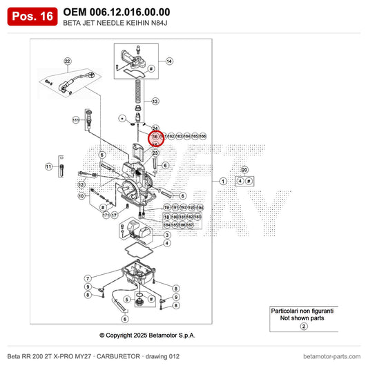BETA JET NEEDLE KEIHIN N84J – OEM 006.12.016.00.00, position 16 on the Beta RR 200 2T X-PRO MY27 carburetor drawing