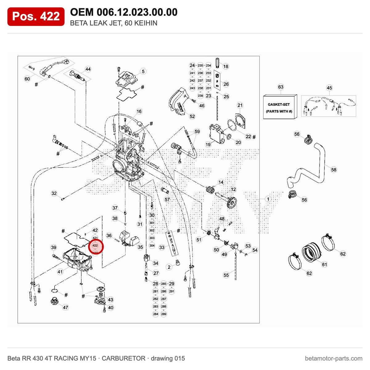 BETA LEAK JET, 60 KEIHIN – OEM 006.12.023.00.00, position 422 on the Beta RR 430 4T RACING MY15 carburetor drawing