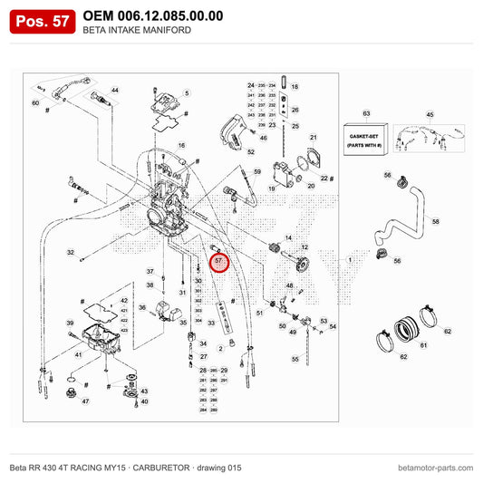 BETA INTAKE MANIFORD – OEM 006.12.085.00.00, position 57 on the Beta RR 430 4T RACING MY15 carburetor drawing