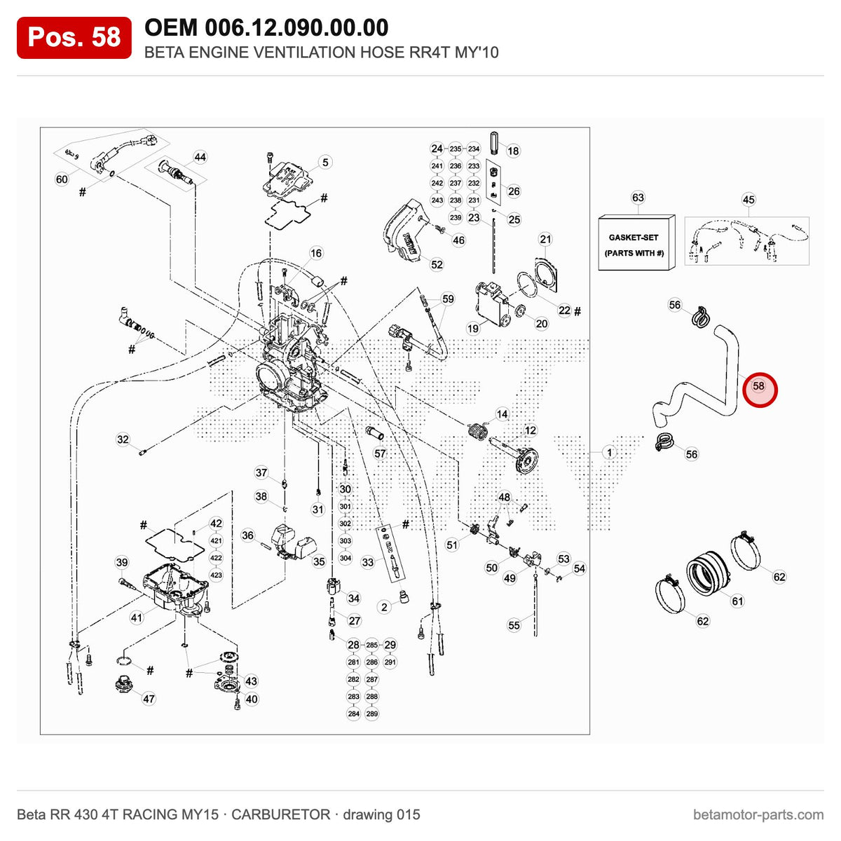 BETA ENGINE VENTILATION HOSE RR4T MY'10 – OEM 006.12.090.00.00, position 58 on the Beta RR 430 4T RACING MY15 carburetor drawing