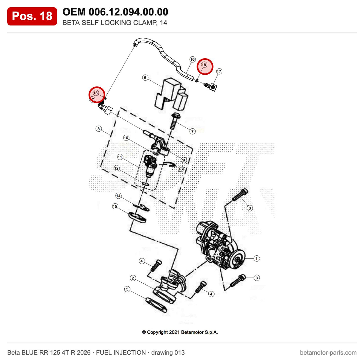 BETA SELF LOCKING CLAMP, 14 – OEM 006.12.094.00.00, position 18 on the Beta BLUE RR 125 4T R 2026 fuel injection drawing