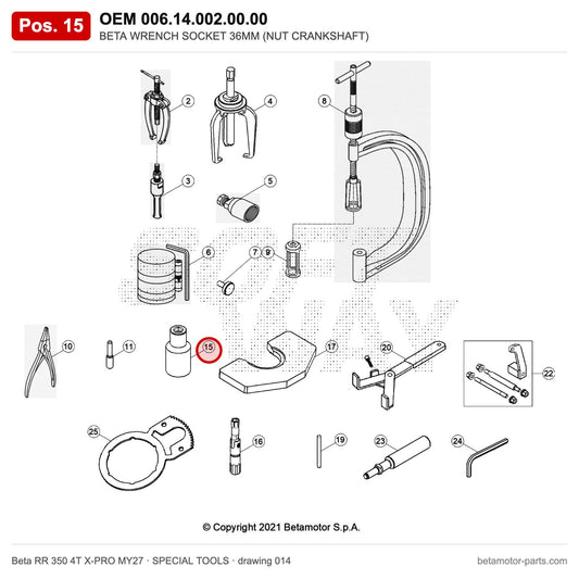 BETA WRENCH SOCKET 36MM (NUT CRANKSHAFT) – OEM 006.14.002.00.00, position 15 on the Beta RR 350 4T X-PRO MY27 special tools drawing