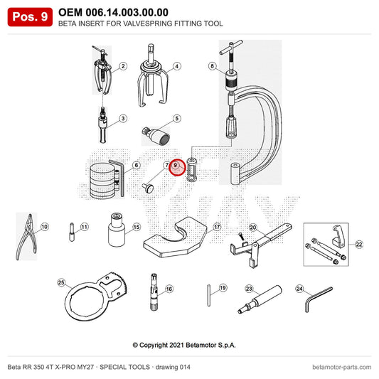BETA INSERT FOR VALVESPRING FITTING TOOL – OEM 006.14.003.00.00, position 9 on the Beta RR 350 4T X-PRO MY27 special tools drawing