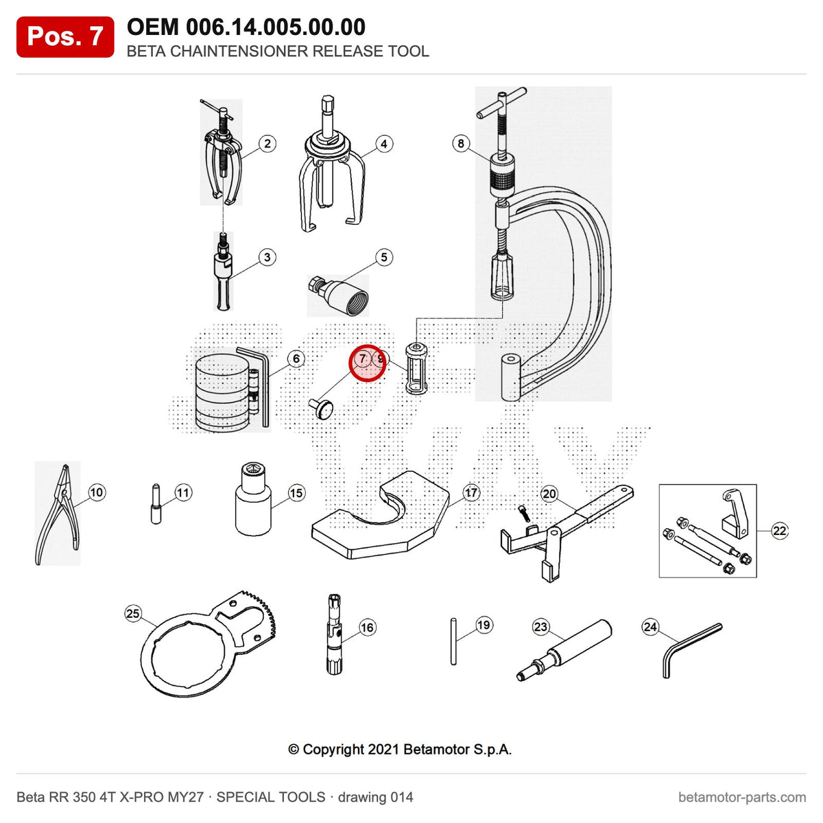 BETA CHAINTENSIONER RELEASE TOOL – OEM 006.14.005.00.00, position 7 on the Beta RR 350 4T X-PRO MY27 special tools drawing