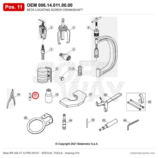BETA LOCATING SCREW CRANKSHAFT – OEM 006.14.011.00.00, position 11 on the Beta RR 350 4T X-PRO MY27 special tools drawing