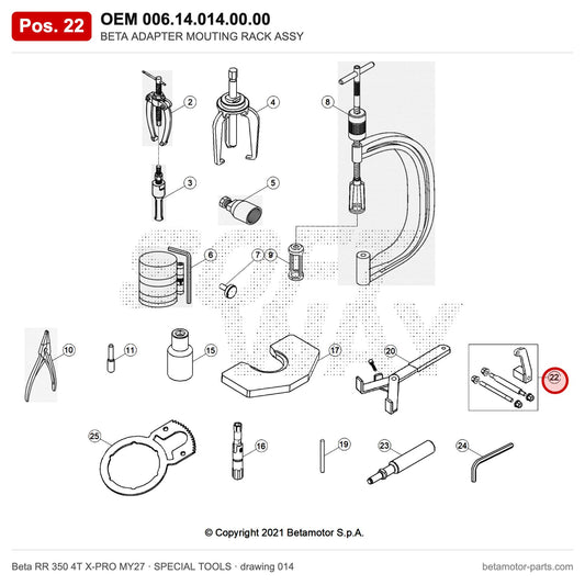 BETA ADAPTER MOUTING RACK ASSY – OEM 006.14.014.00.00, position 22 on the Beta RR 350 4T X-PRO MY27 special tools drawing