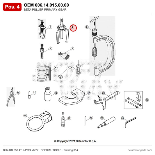 BETA PULLER PRIMARY GEAR – OEM 006.14.015.00.00, position 4 on the Beta RR 350 4T X-PRO MY27 special tools drawing