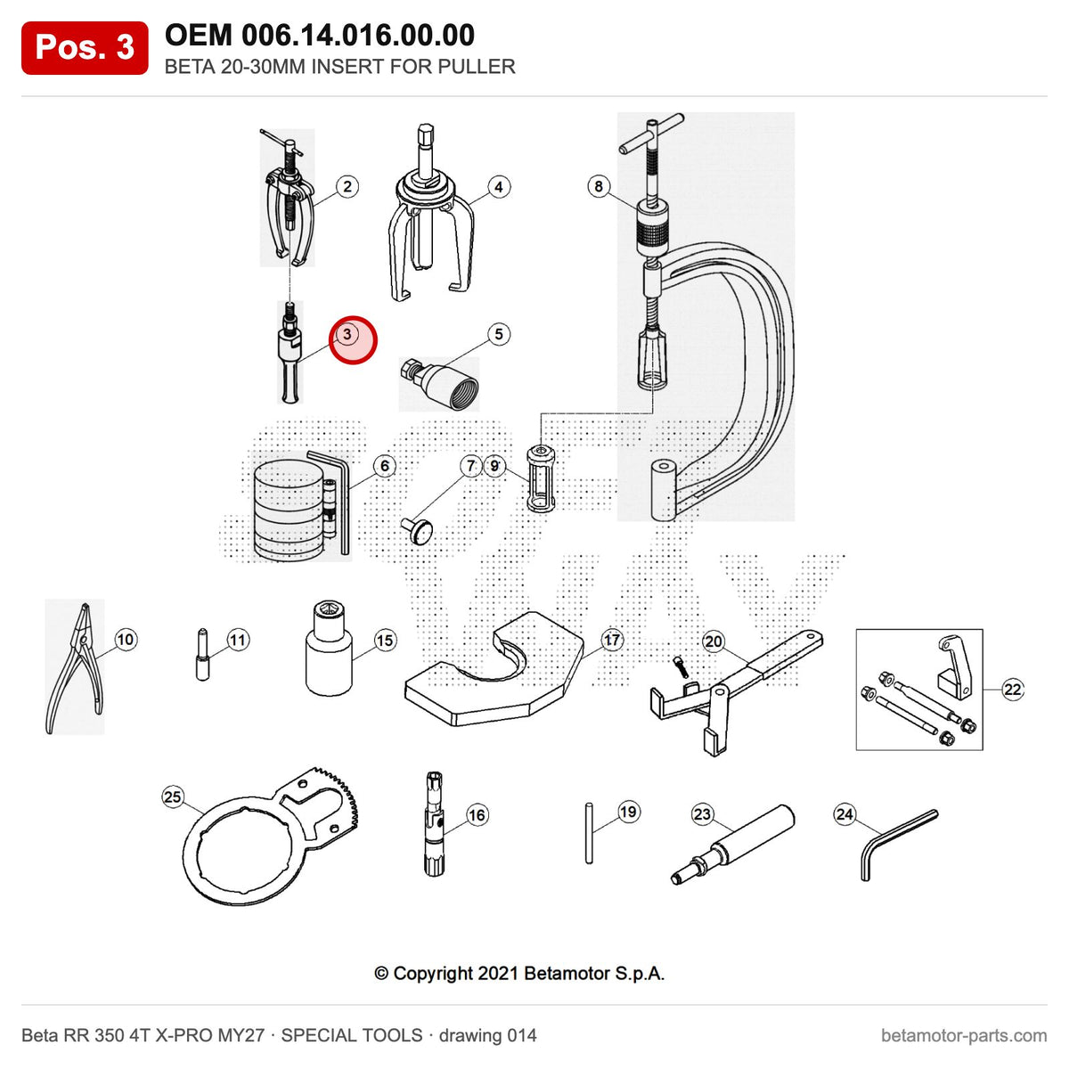 BETA 20-30MM INSERT FOR PULLER – OEM 006.14.016.00.00, position 3 on the Beta RR 350 4T X-PRO MY27 special tools drawing