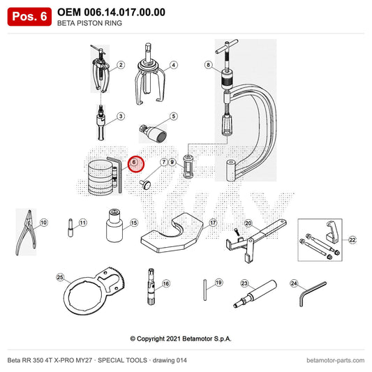 BETA PISTON RING – OEM 006.14.017.00.00, position 6 on the Beta RR 350 4T X-PRO MY27 special tools drawing