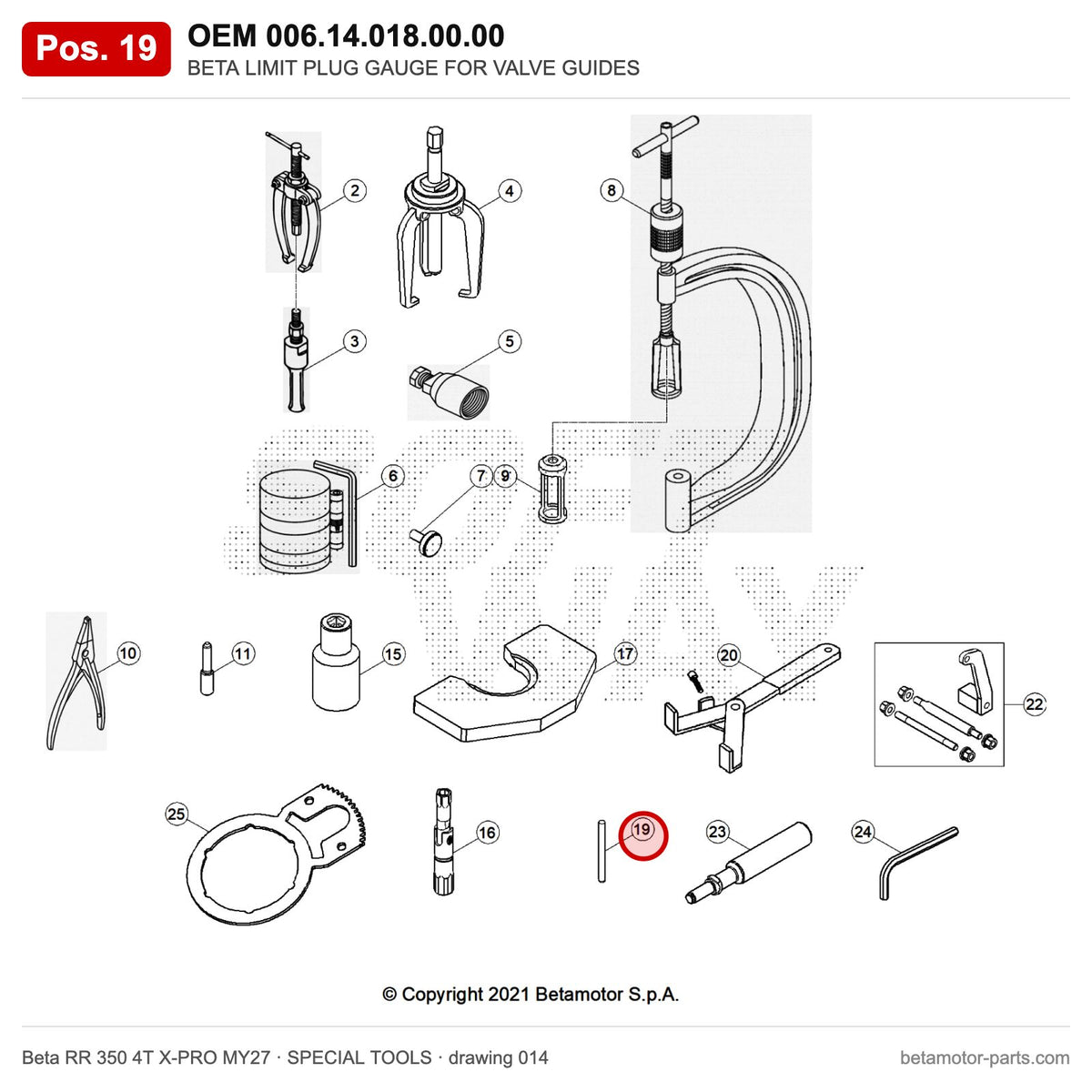 BETA LIMIT PLUG GAUGE FOR VALVE GUIDES – OEM 006.14.018.00.00, position 19 on the Beta RR 350 4T X-PRO MY27 special tools drawing