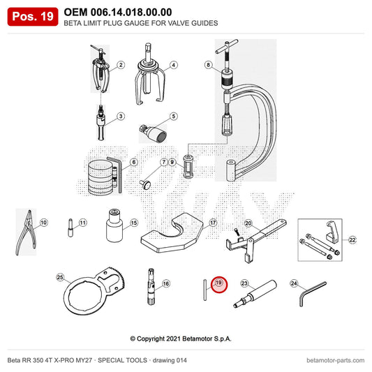 BETA LIMIT PLUG GAUGE FOR VALVE GUIDES – OEM 006.14.018.00.00, position 19 on the Beta RR 350 4T X-PRO MY27 special tools drawing