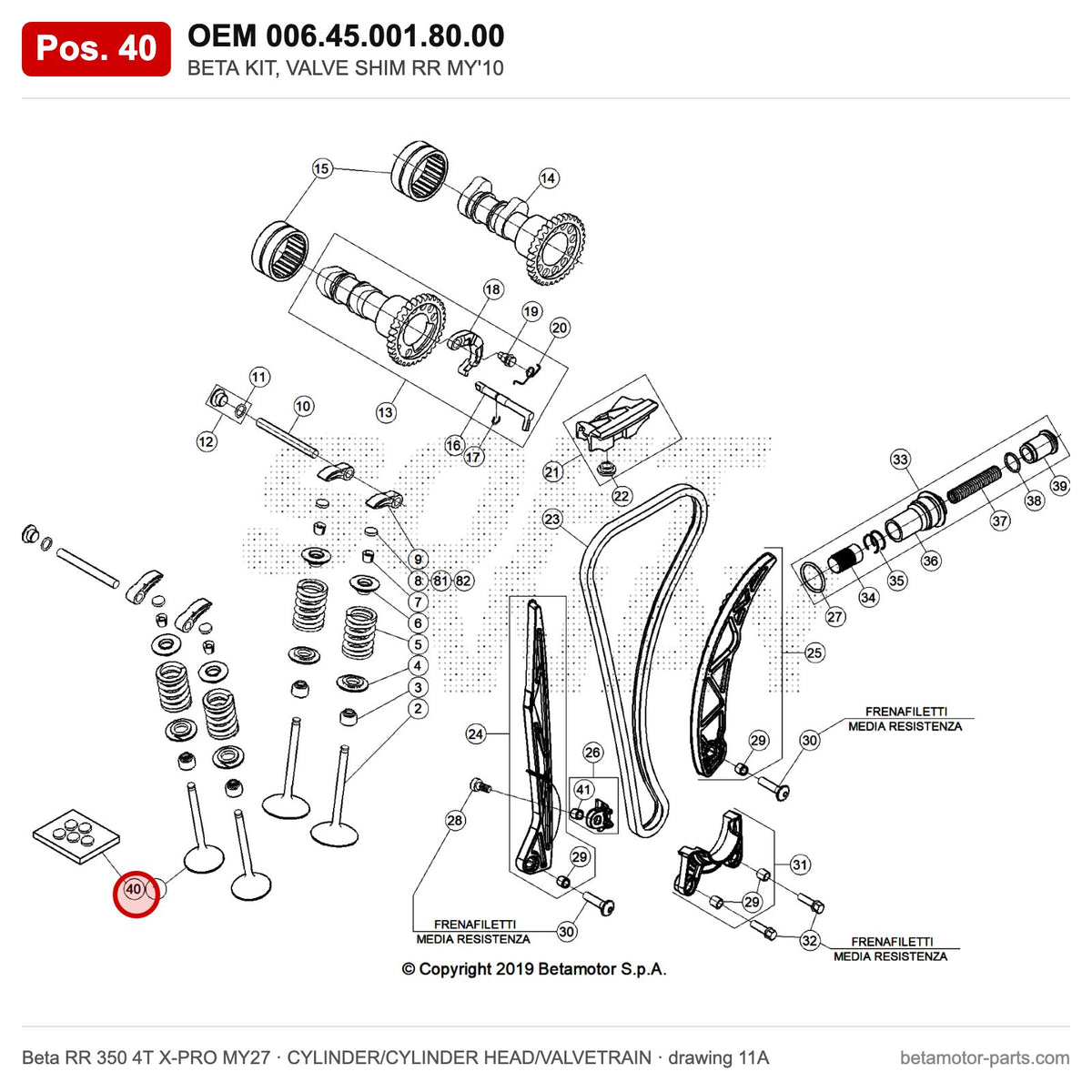 BETA KIT, VALVE SHIM RR MY'10 – OEM 006.45.001.80.00, position 40 on the Beta RR 350 4T X-PRO MY27 cylinder/cylinder head/valvetrain drawing