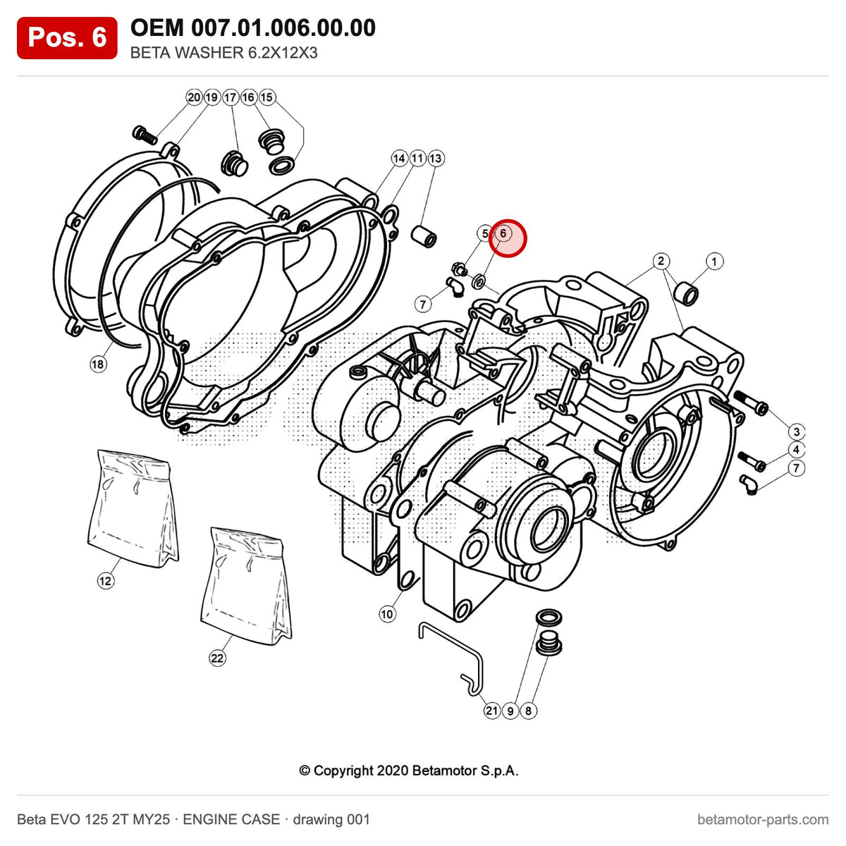 BETA WASHER 6.2X12X3 – OEM 007.01.006.00.00, position 6 on the Beta EVO 125 2T MY25 engine case drawing