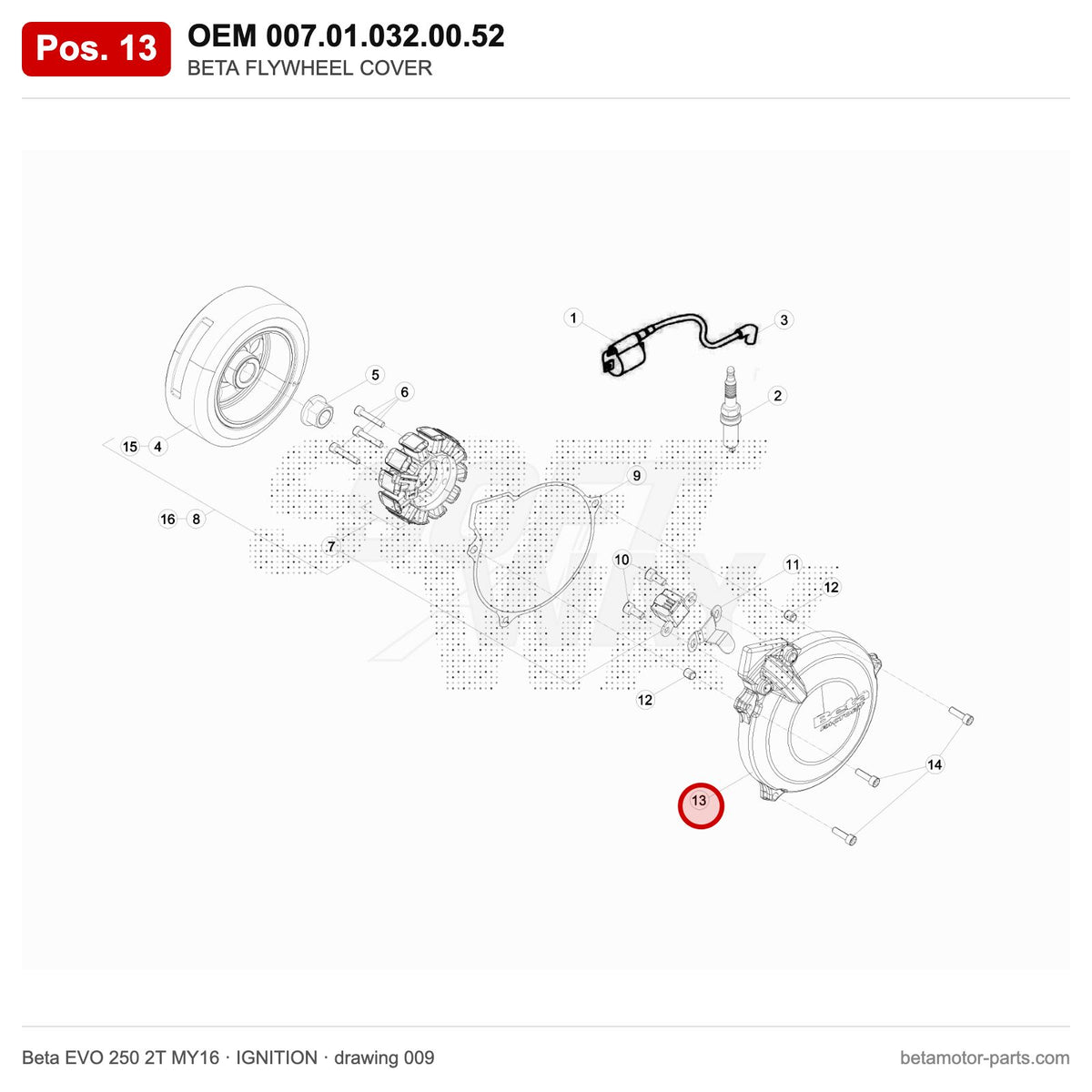 BETA FLYWHEEL COVER – OEM 007.01.032.00.52, position 13 on the Beta EVO 250 2T MY16 ignition drawing