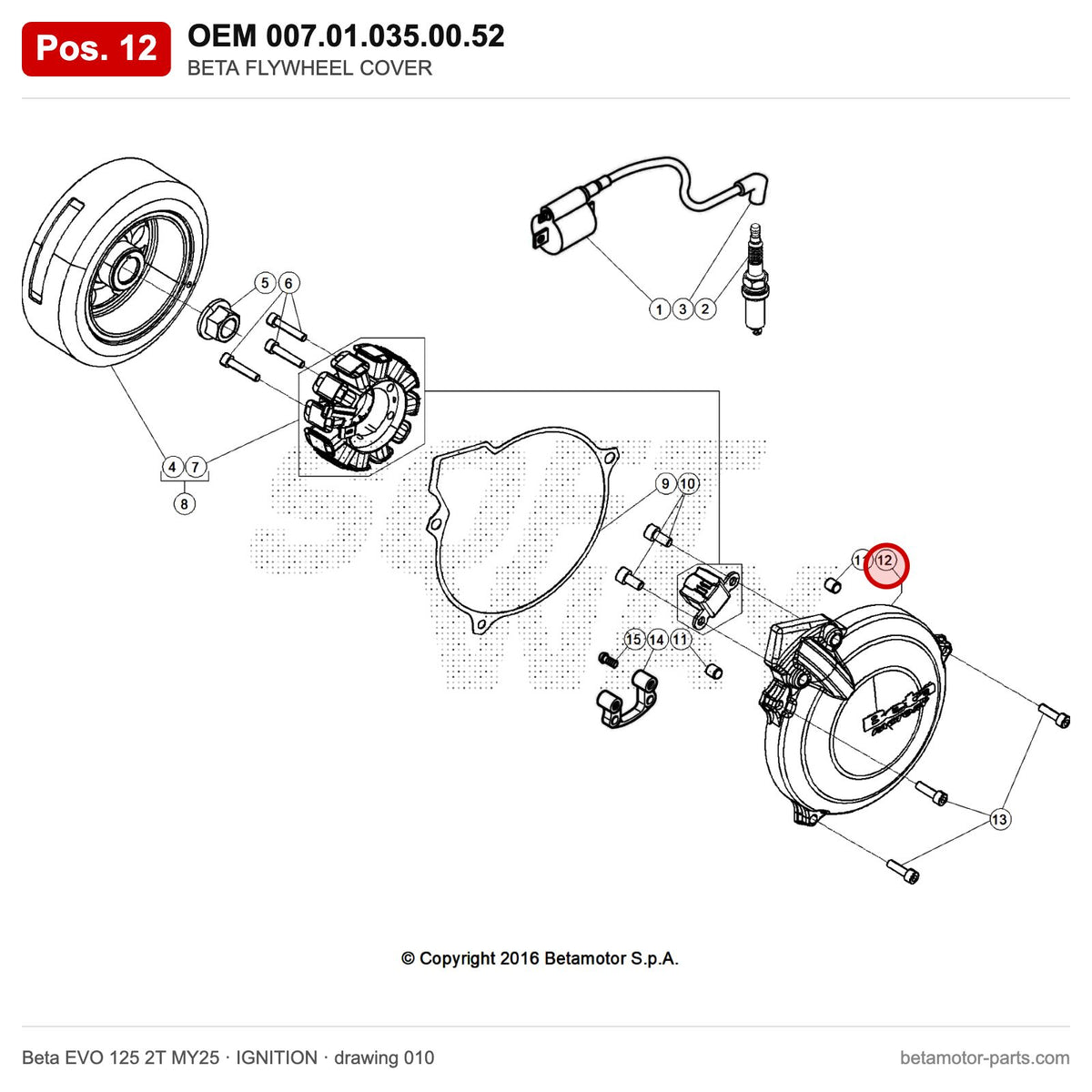 BETA FLYWHEEL COVER – OEM 007.01.035.00.52, position 12 on the Beta EVO 125 2T MY25 ignition drawing