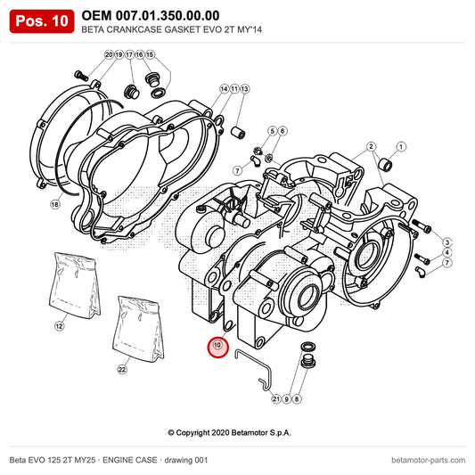 BETA CRANKCASE GASKET EVO 2T MY'14 – OEM 007.01.350.00.00, position 10 on the Beta EVO 125 2T MY25 engine case drawing