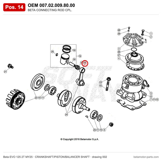 BETA CONNECTING ROD CPL. – OEM 007.02.009.80.00, position 14 on the Beta EVO 125 2T MY25 crankshaft/piston/balancer shaft drawing