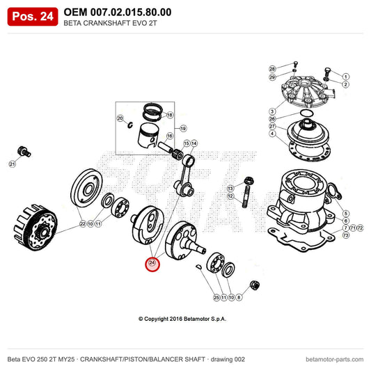 BETA CRANKSHAFT EVO 2T – OEM 007.02.015.80.00, position 24 on the Beta EVO 250 2T MY25 crankshaft/piston/balancer shaft drawing