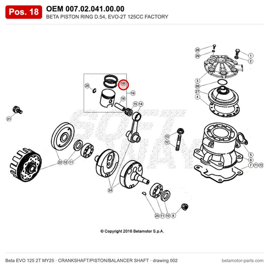 BETA PISTON RING D.54, EVO-2T 125CC FACTORY – OEM 007.02.041.00.00, position 18 on the Beta EVO 125 2T MY25 crankshaft/piston/balancer shaft drawing