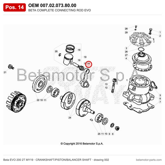 BETA COMPLETE CONNECTING ROD EVO – OEM 007.02.073.80.00, position 14 on the Beta EVO 200 2T MY19 crankshaft/piston/balancer shaft drawing