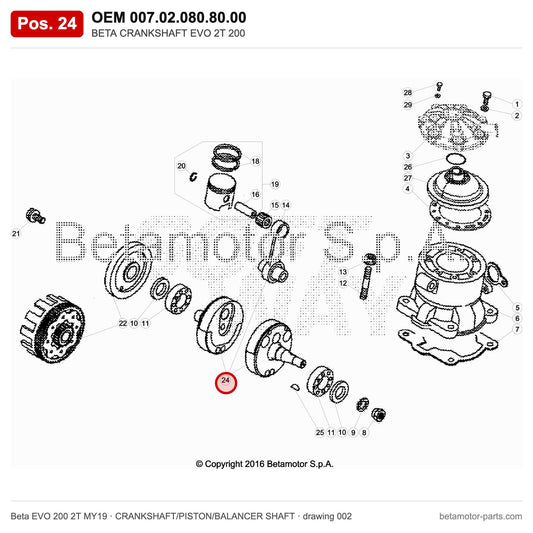 BETA CRANKSHAFT EVO 2T 200 – OEM 007.02.080.80.00, position 24 on the Beta EVO 200 2T MY19 crankshaft/piston/balancer shaft drawing