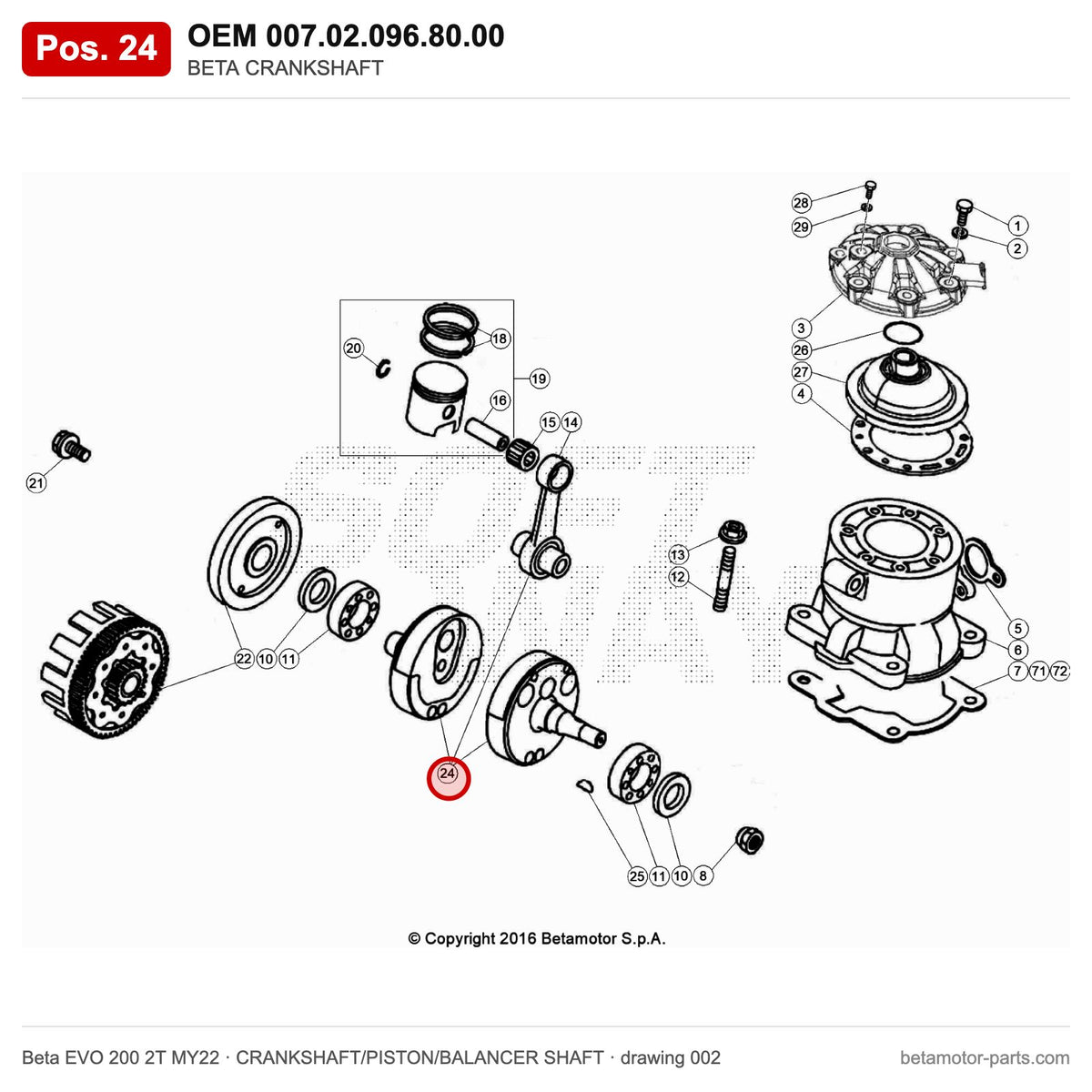 BETA CRANKSHAFT – OEM 007.02.096.80.00, position 24 on the Beta EVO 200 2T MY22 crankshaft/piston/balancer shaft drawing