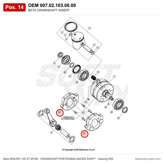 BETA CRANKSHAFT INSERT – OEM 007.02.103.00.00, position 14 on the Beta SINCRO 125 2T MY26 crankshaft/piston/balancer shaft drawing
