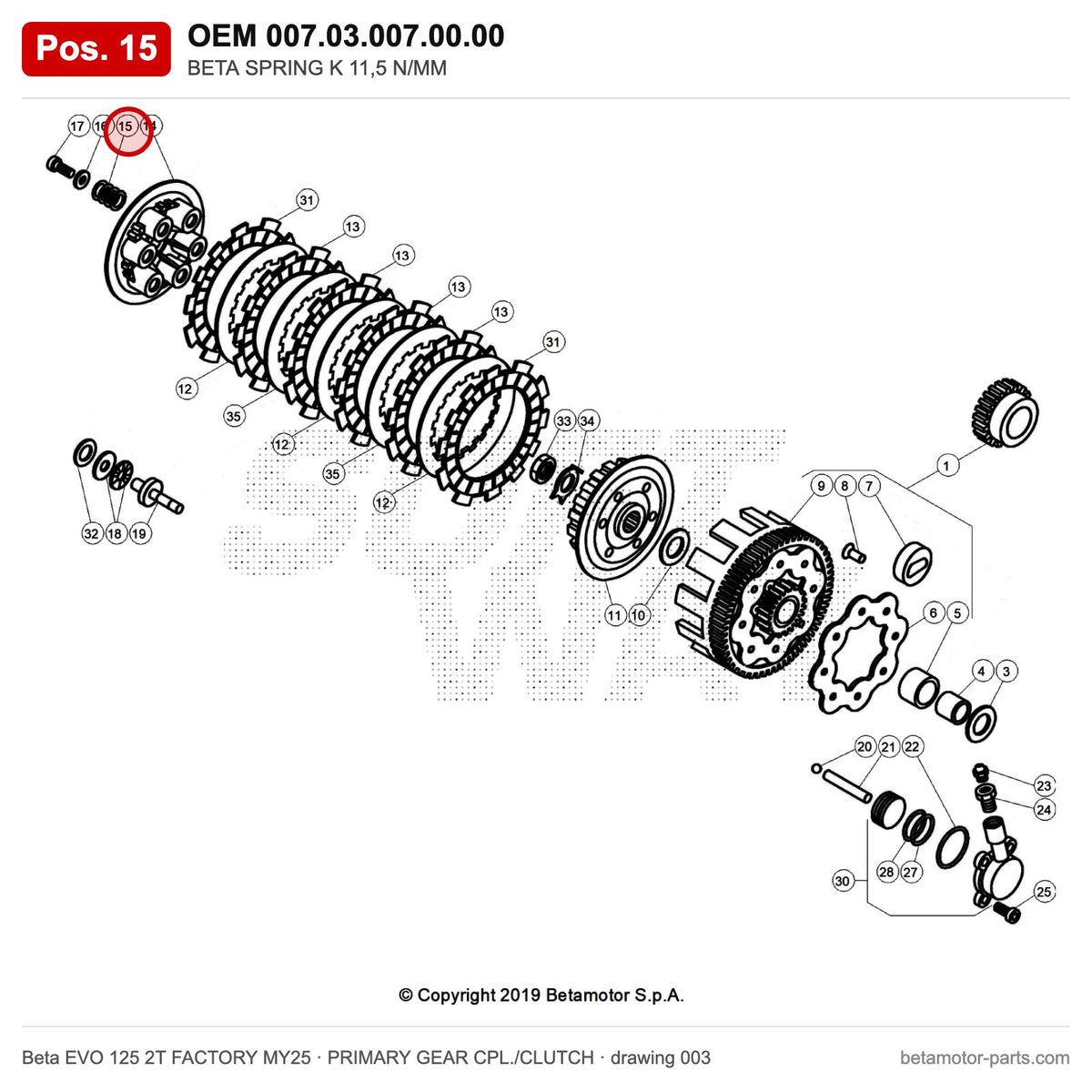 BETA SPRING K 11,5 N/MM – OEM 007.03.007.00.00, position 15 on the Beta EVO 125 2T FACTORY MY25 primary gear cpl./clutch drawing