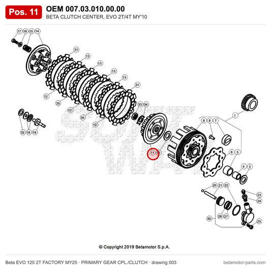 BETA CLUTCH CENTER, EVO 2T/4T MY'10 – OEM 007.03.010.00.00, position 11 on the Beta EVO 125 2T FACTORY MY25 primary gear cpl./clutch drawing