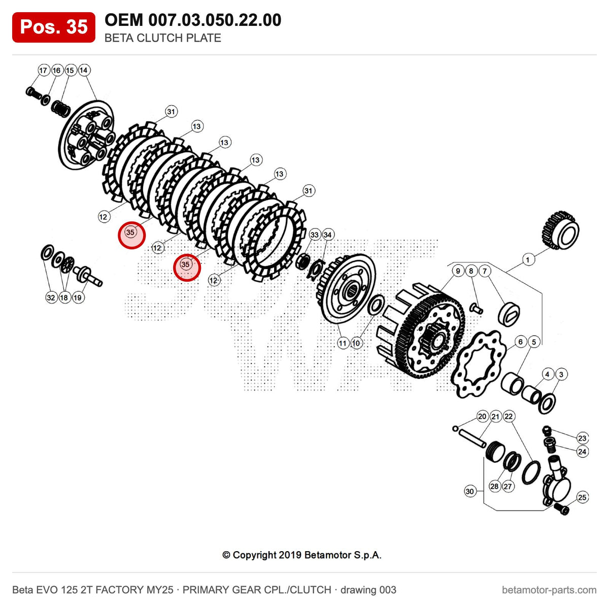 BETA CLUTCH PLATE – OEM 007.03.050.22.00, position 35 on the Beta EVO 125 2T FACTORY MY25 primary gear cpl./clutch drawing