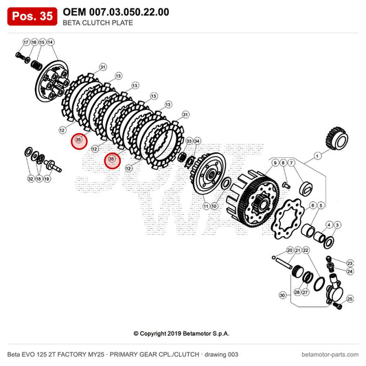 BETA CLUTCH PLATE – OEM 007.03.050.22.00, position 35 on the Beta EVO 125 2T FACTORY MY25 primary gear cpl./clutch drawing