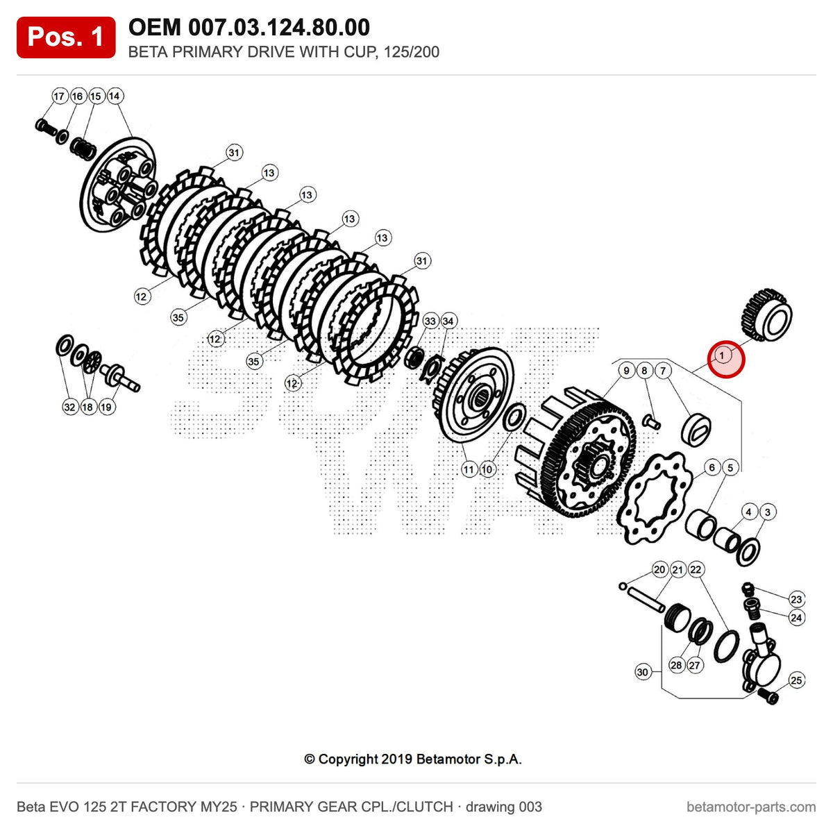 BETA PRIMARY DRIVE WITH CUP, 125/200 – OEM 007.03.124.80.00, position 1 on the Beta EVO 125 2T FACTORY MY25 primary gear cpl./clutch drawing