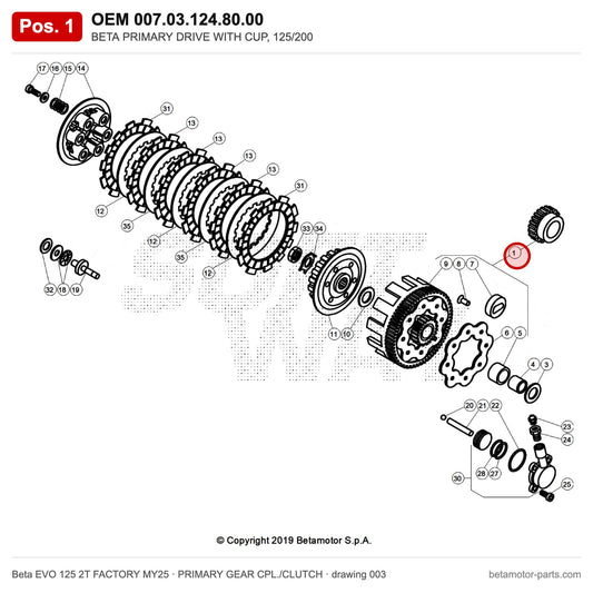 BETA PRIMARY DRIVE WITH CUP, 125/200 – OEM 007.03.124.80.00, position 1 on the Beta EVO 125 2T FACTORY MY25 primary gear cpl./clutch drawing