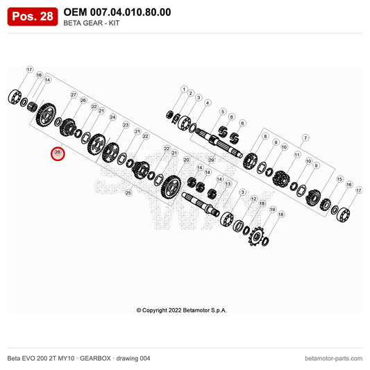 BETA GEAR - KIT – OEM 007.04.010.80.00, position 28 on the Beta EVO 200 2T MY10 gearbox drawing
