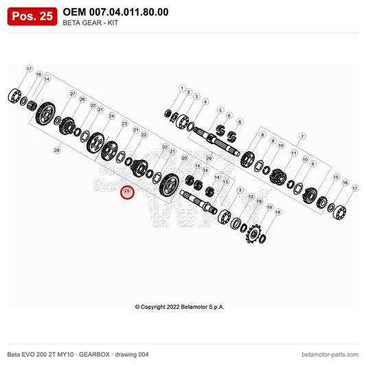 BETA GEAR - KIT – OEM 007.04.011.80.00, position 25 on the Beta EVO 200 2T MY10 gearbox drawing