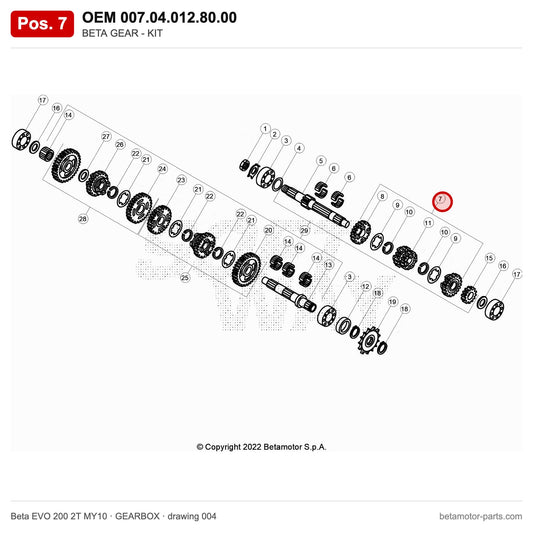 BETA GEAR - KIT – OEM 007.04.012.80.00, position 7 on the Beta EVO 200 2T MY10 gearbox drawing