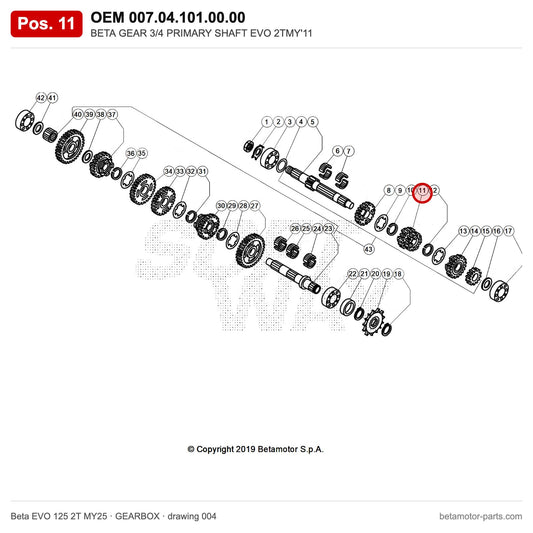 BETA GEAR 3/4 PRIMARY SHAFT EVO 2TMY'11 – OEM 007.04.101.00.00, position 11 on the Beta EVO 125 2T MY25 gearbox drawing